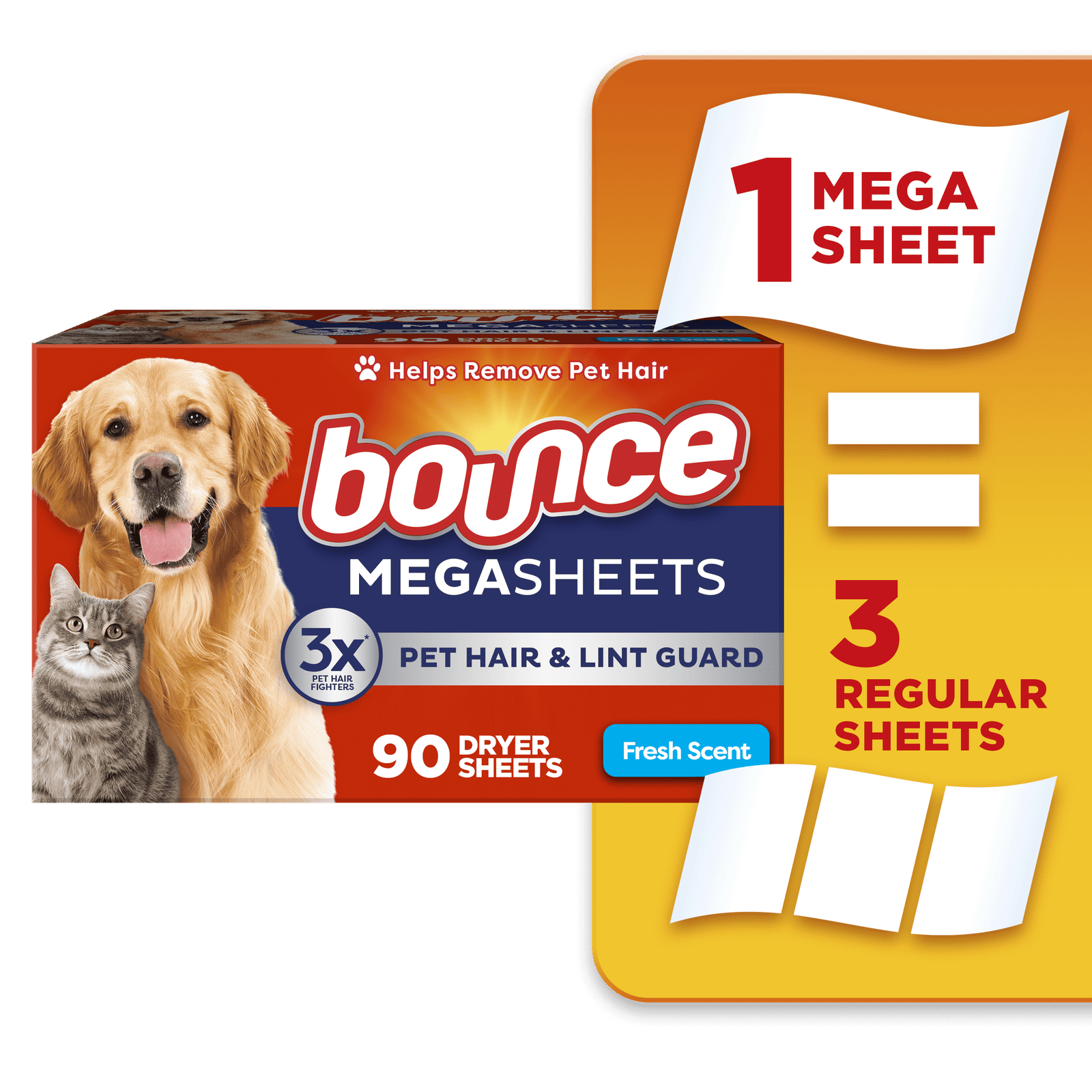 Bounce Pet Hair & Lint Guard Mega Dryer Sheets, 3X Hair Fighters
